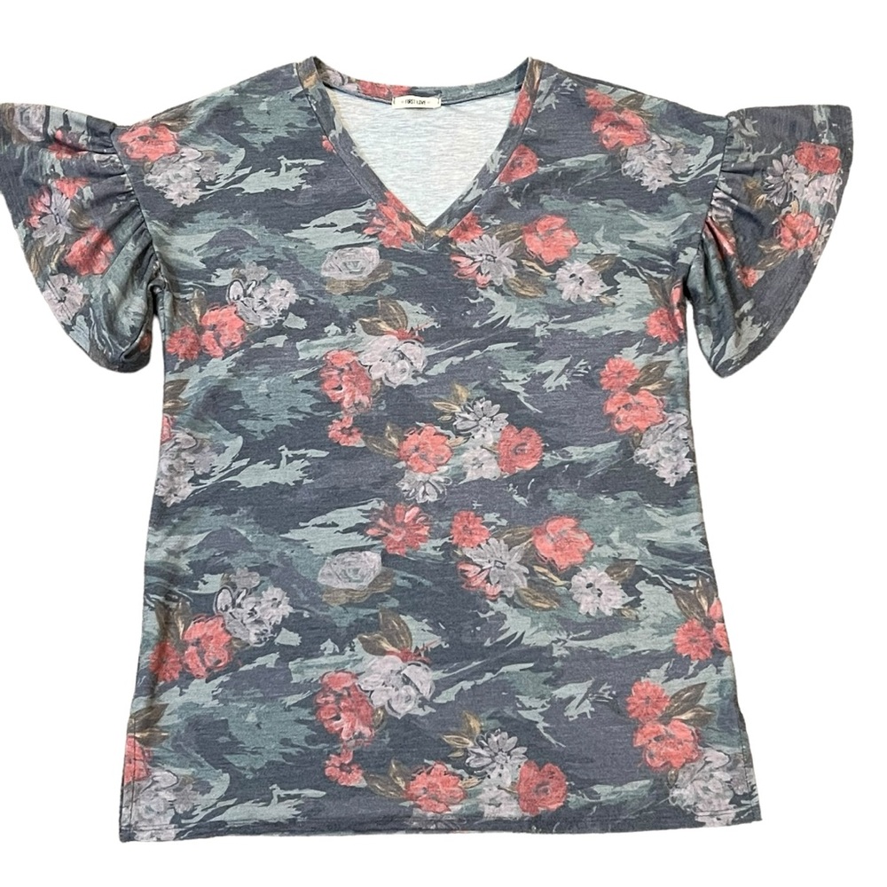 FIRST LOVE top shirt blouse size medium floral butterfly sleeves gray loose